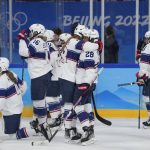 
              United States reacts after losing to Canada in the women's gold medal hockey game at the 2022 Winter Olympics, Thursday, Feb. 17, 2022, in Beijing. (AP Photo/Petr David Josek)
            