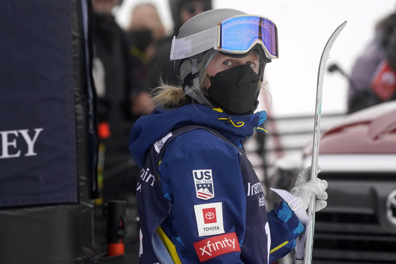 FILE - United States' Hannah Soar holds her skis after a run in the finals of a World Cup freestyle...
