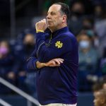 
              Notre Dame head coach Mike Brey watches play during an NCAA college basketball game against Boston College, Wednesday, Feb. 16, 2022 in South Bend, Ind. (Michael Caterina/South Bend Tribune via AP)
            
