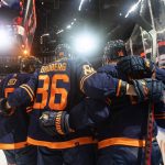 
              Edmonton Oilers celebrate a goal against the New York Islanders during the second period of an NHL hockey game Friday, Feb. 11, 2022, in Edmonton, Alberta. (Jason Franson/The Canadian Press via AP)
            