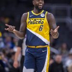 
              Indiana Pacers guard Lance Stephenson reacts toward the Orlando Magic bench after scoring during the second half of an NBA basketball game in Indianapolis, Wednesday, Feb. 2, 2022. (AP Photo/Doug McSchooler)
            