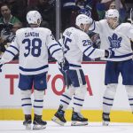 
              Toronto Maple Leafs' Jason Spezza, right, Ondrej Kase, center, of the Czech Republic, and Rasmus Sandin, of Sweden, celebrate Kase's goal against the Vancouver Canucks during the second period of an NHL hockey game in Vancouver, British Columbia, Saturday, Feb. 12, 2022. (Darryl Dyck/The Canadian Press via AP)
            