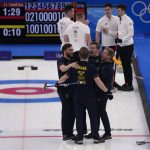 
              Team Sweden celebrates their win in the men's curling final match between Britain and Sweden at the Beijing Winter Olympics Saturday, Feb. 19, 2022, in Beijing. (AP Photo/Nariman El-Mofty)
            