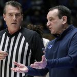 
              Duke head coach Mike Krzyzewski argues a call with an official during the first half of an NCAA college basketball game against Virginia, Monday, Feb. 7, 2022, in Durham, N.C. (AP Photo/Chris Seward)
            
