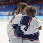 
              United States' Lee Stecklein and United States' Caroline Harvey, right, embrace after losing to Canada in the women's gold medal hockey game at the 2022 Winter Olympics, Thursday, Feb. 17, 2022, in Beijing. (AP Photo/Petr David Josek)
            