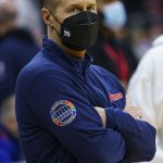 
              Philadelphia 76ers assistant coach Dave Joerger looks on as he returns to the bench following cancer treatment during the first half of an NBA basketball game against the Washington Wizards, Wednesday, Feb. 2, 2022, in Philadelphia. (AP Photo/Chris Szagola)
            