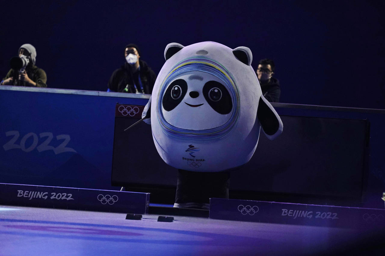 Bing Dwen Dwen, the mascot of the 2022 Winter Olympics, is seen at the curling venue at the Beijing...