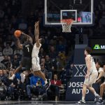 
              Butler guard Bo Hodges (1) shoots over Xavier's Nate Johnson during the first half of an NCAA college basketball game, Wednesday, Feb. 2, 2022, in Cincinnati. (AP Photo/Jeff Dean)
            