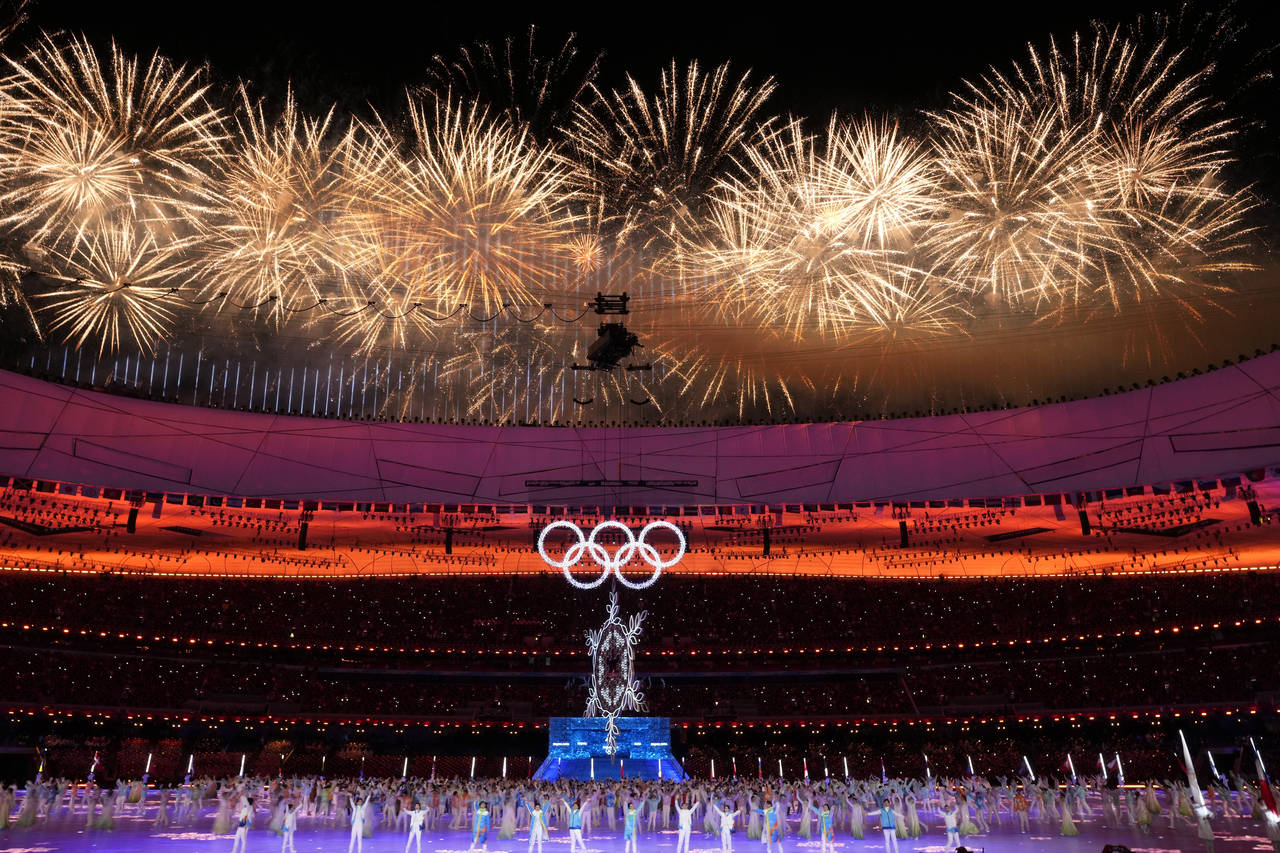 Fireworks explode during the closing ceremony of the 2022 Winter Olympics, Sunday, Feb. 20, 2022, i...