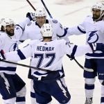 
              Tampa Bay Lightning defenseman Victor Hedman (77) celebrates his goal with teammates during the third period of an NHL hockey game against the New Jersey Devils Tuesday, Feb. 15, 2022, in Newark, N.J. The Lightning won 6-3. (AP Photo/Bill Kostroun)
            