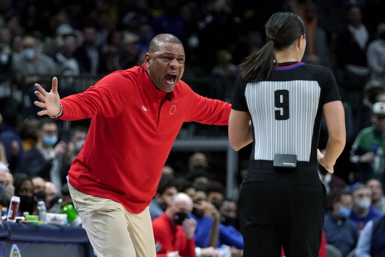 Philadelphia 76ers coach Doc Rivers shouts at referee Natalie Sago (9) during the second half of th...
