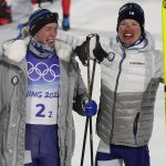 
              Joni Maki, of Finland, left, and Iivo Niskanen, of Finland, celebrate a silver medal finish at the men's team sprint classic cross-country skiing competition at the 2022 Winter Olympics, Wednesday, Feb. 16, 2022, in Zhangjiakou, China. (AP Photo/Alessandra Tarantino)
            