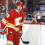 
              Calgary Flames' Tyler Toffoli celebrates his goal against the Minnesota Wild during the first period of an NHL hockey game Saturday, Feb. 26, 2022, in Calgary, Alberta. (Jeff McIntosh/The Canadian Press via AP)
            