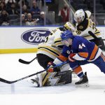 
              New York Islanders center Jean-Gabriel Pageau (44) scores on Boston Bruins goaltender Linus Ullmark (35) during the second period of an NHL hockey game Thursday Feb. 17, 2022, in Elmont, N.Y. (AP Photo/Corey Sipkin)
            