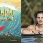 
              This combination photo shows cover art for the children's book "Maya and the Beast," left, and a portrait of author and surfer Maya Gabeira. (Abrams Books via AP, left, and Ana Catarina via AP)
            