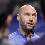 
              FILE - Derek Jeter, CEO of the Miami Marlins, speaks with the news media before a baseball game against the Philadelphia Phillies, Saturday, Oct. 2, 2021, in Miami. Derek Jeter announced a surprise departure from the Miami Marlins Monday, Feb. 28, 2022.(AP Photo/Lynne Sladky, File)
            