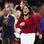 
              Nebraska head coach Amy Williams reacts after Jaz Shelley scored a 3-point basket against Indiana during the second half of an NCAA college basketball game Monday, Feb. 14, 2022, in Lincoln, Neb. (AP Photo/Rebecca S. Gratz)
            