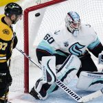 
              Seattle Kraken goaltender Chris Driedger (60) looks for the shot as the puck sails over his shoulder for a goal by Boston Bruins right wing David Pastrnak during the second period of an NHL hockey game, Tuesday, Feb. 1, 2022, in Boston. At left is Boston Bruins center Patrice Bergeron (37). (AP Photo/Charles Krupa)
            