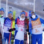 
              From left, Emilien Jacquelin, Quentin Fillon Maillet, Fabien Claude and Simon Desthieux of France pose after their first place finish in the men's 4x7.5-kilometer relay at the 2022 Winter Olympics, Tuesday, Feb. 15, 2022, in Zhangjiakou, China. (AP Photo/Kirsty Wigglesworth)
            