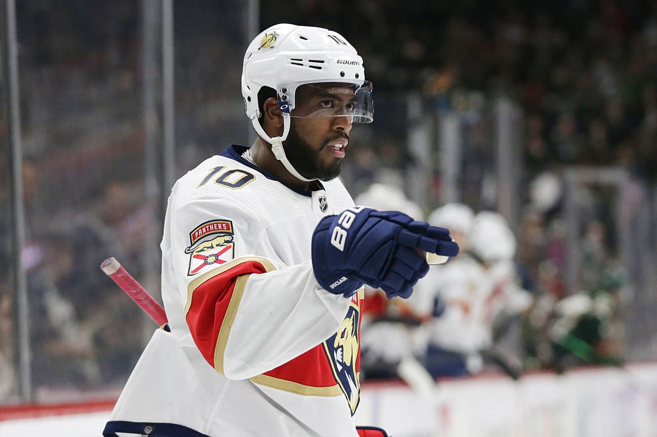 Florida Panthers left wing Anthony Duclair (10) celebrates after his goal against the Minnesota Wil...