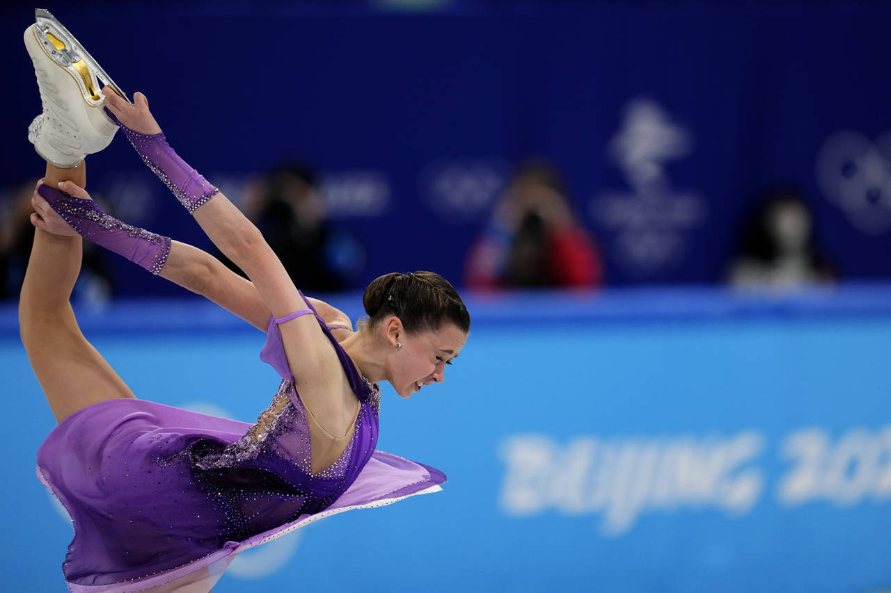 Kamila Valieva, of the Russian Olympic Committee, competes in the women's short program team figure...