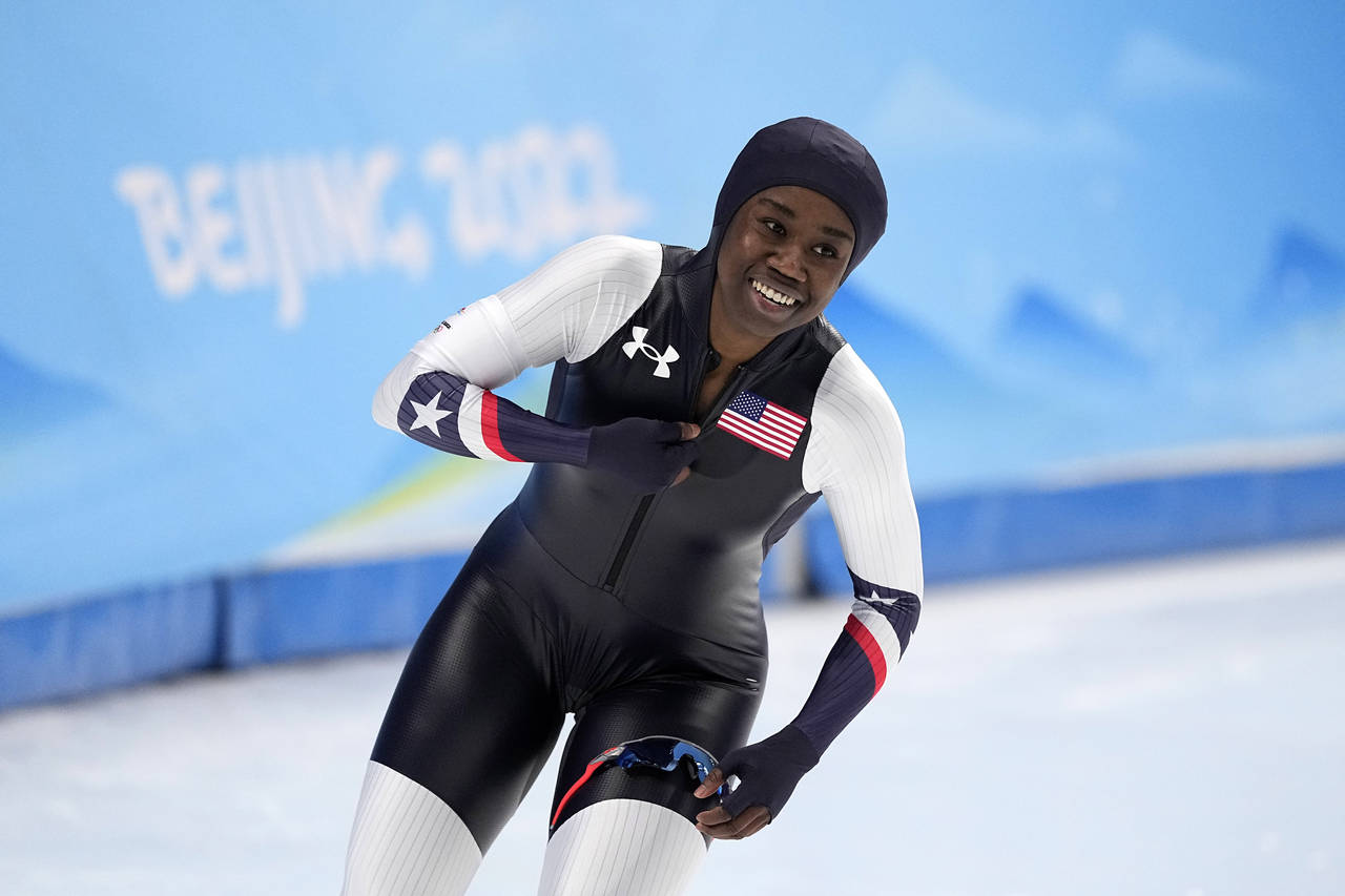 Erin Jackson of the United States reacts after her heat in the speedskating women's 500-meter race ...