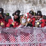 
              The gold medal winning Austrian team celebrate during the medal ceremony for the the mixed team parallel skiing event at the 2022 Winter Olympics, Sunday, Feb. 20, 2022, in the Yanqing district of Beijing. (AP Photo/Luca Bruno)
            