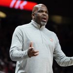 
              Atlanta Hawks head coach Nate McMillan reacts during the first half of an NBA basketball game against the Cleveland Cavaliers Tuesday, Feb. 15, 2022, in Atlanta. (AP Photo/John Bazemore)
            
