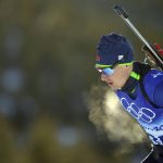 
              Anton Smolski of Belarus skis during the men's 20-kilometer individual race at the 2022 Winter Olympics, Tuesday, Feb. 8, 2022, in Zhangjiakou, China. (AP Photo/Frank Augstein)
            