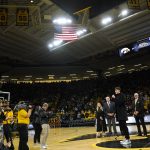 
              Former Iowa player Luka Garza speaks at his jersey number retirement ceremony during halftime of an NCAA college basketball game between Iowa and Michigan State, Tuesday, Feb. 22, 2022, in Iowa City, Iowa. (AP Photo/Charlie Neibergall)
            