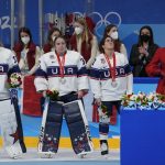 
              United States poses after receiving their silver medals after being defeated by Canada in women's gold medal hockey game at the 2022 Winter Olympics, Thursday, Feb. 17, 2022, in Beijing. (AP Photo/Petr David Josek)
            