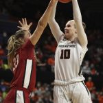 
              Oregon State's Greta Kampschroeder (10) shoots over Stanford's Hannah Jump (33) during the first half of an NCAA college basketball game in Corvallis, Ore., Friday, Feb. 18, 2022. (AP Photo/Amanda Loman)
            