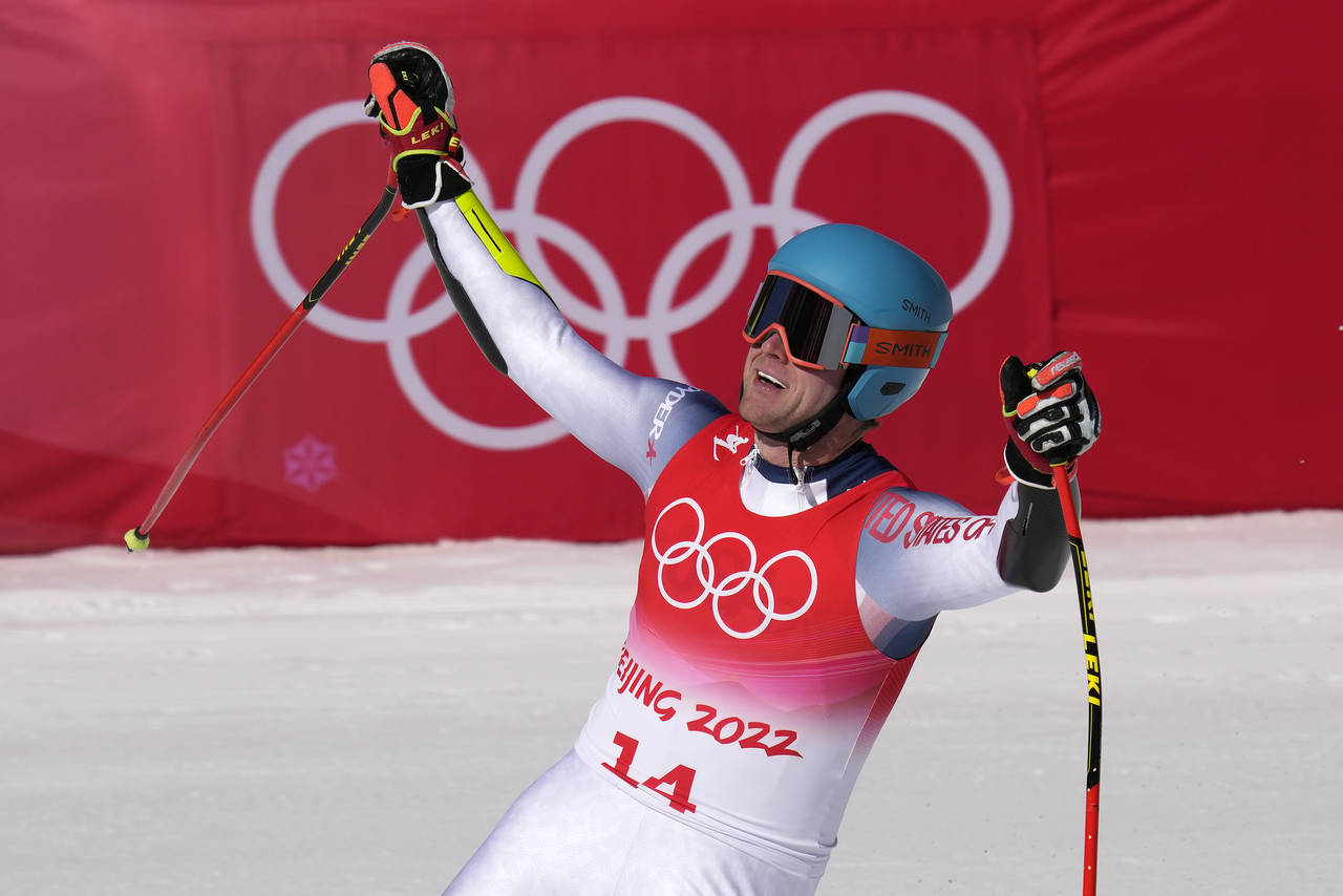 Ryan Cochran-Siegle of the United States reacts after finishing the the men's super-G at the 2022 W...