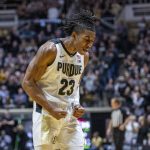 
              Purdue guard Jaden Ivey (23) reacts during the first half of an NCAA college basketball game against Rutgers, Sunday, Feb. 20, 2022, in West Lafayette, Ind. (AP Photo/Doug McSchooler)
            