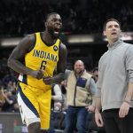 
              Indiana Pacers' Lance Stephenson (6) reacts in front of Oklahoma City Thunder coach Mark Daigneault after hitting a game-tying 3-point shot during the second half of an NBA basketball game, Friday, Feb. 25, 2022, in Indianapolis. Oklahoma City won in overtime, 129-125. (AP Photo/Darron Cummings)
            