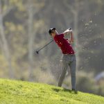 
              Joaquin Niemann, of Chile, hits his second shot on the 17th hole during the third round of the Genesis Invitational golf tournament at Riviera Country Club, Saturday, Feb. 19, 2022, in the Pacific Palisades area of Los Angeles. (AP Photo/Ryan Kang)
            