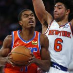 
              New York Knicks' Quentin Grimes (6) defends against Oklahoma City Thunder's Theo Maledon, left,during the first half of an NBA basketball game Monday, Feb. 14, 2022, in New York. (AP Photo/John Munson)
            