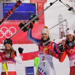 
              From left, Katharina Liensberger, of Austria, silver, Petra Vlhova, of Slovakia, gold and Wendy Holdener, of Switzerland, bronze, during the medal ceremony for the women's slalom at the 2022 Winter Olympics, Wednesday, Feb. 9, 2022, in the Yanqing district of Beijing. (AP Photo/Luca Bruno)
            