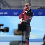 
              Laurent Dubreuil of Canada reacts after winning the silver medal in the final heat during the men's speedskating 1,000-meter finals at the 2022 Winter Olympics, Friday, Feb. 18, 2022, in Beijing. (AP Photo/Ashley Landis)
            