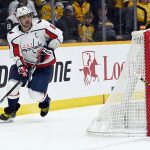 
              Washington Capitals left wing Alex Ovechkin (8) moves the puck behind the net during the first period of the team's NHL hockey game against the Nashville Predators, Tuesday, Feb. 15, 2022, in Nashville, Tenn. (AP Photo/Mark Zaleski)
            