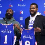 
              Philadelphia 76ers' James Harden, left, poses with Paul Millsap after taking questions from the media at a press conference at the NBA basketball team's facility, Tuesday, Feb. 15, 2022, in Camden, N.J. (AP Photo/Chris Szagola)
            