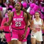 
              North Carolina State's Kayla Jones (25) reacts after scoring a 3-point shot against Georgia Tech during the first half of an NCAA college basketball game, Monday, Feb. 7, 2022, in Raleigh, N.C. (AP Photo/Karl B. DeBlaker)
            