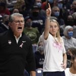 
              Connecticut's Paige Bueckers waves her finger during the first half of the team's NCAA college basketball game against DePaul, Friday, Feb. 11, 2022, in Storrs, Conn. (AP Photo/Jessica Hill)
            