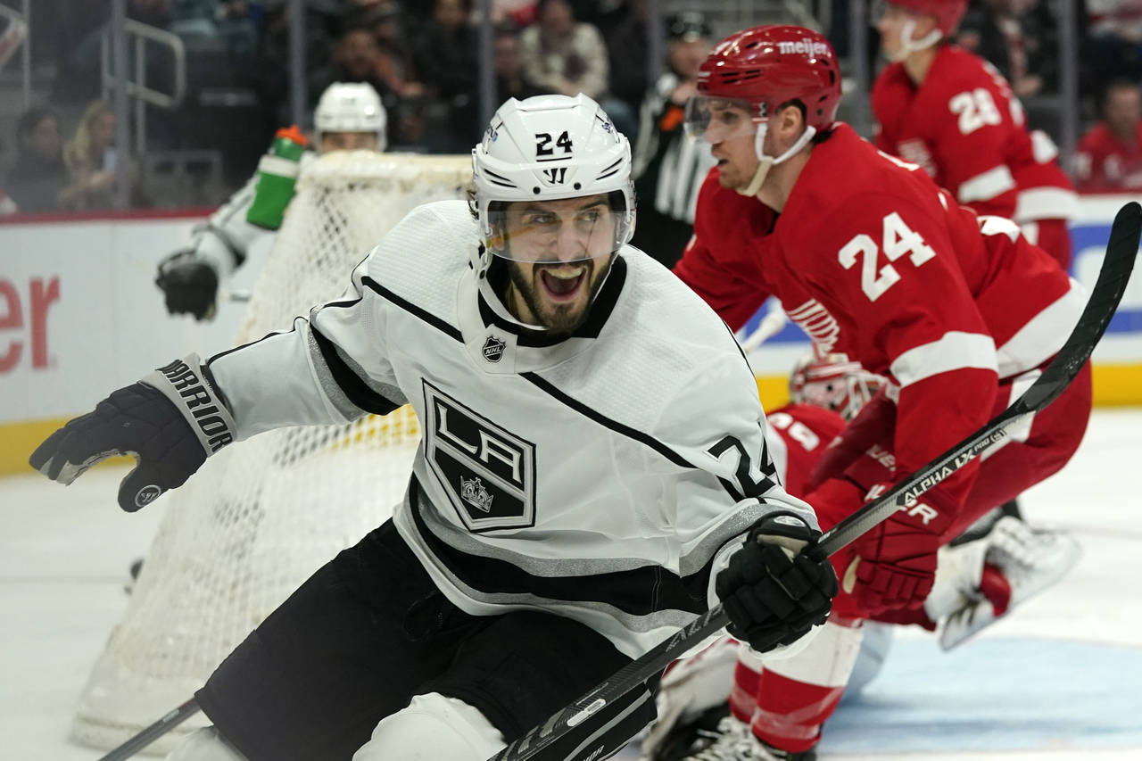 Los Angeles Kings center Phillip Danault (24) celebrates his goal against the Detroit Red Wings in ...