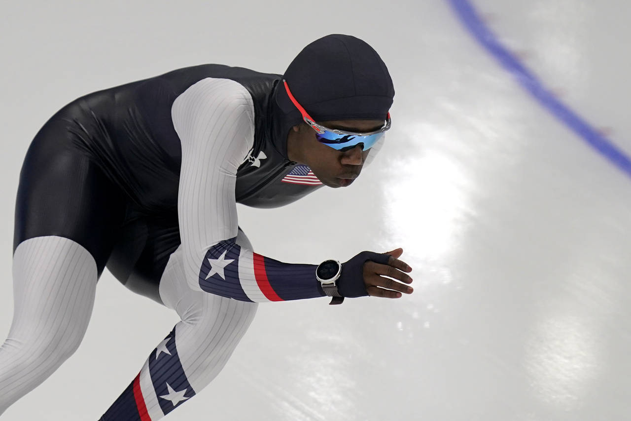 Erin Jackson of the United States skates during a speedskating practice session at the 2022 Winter ...