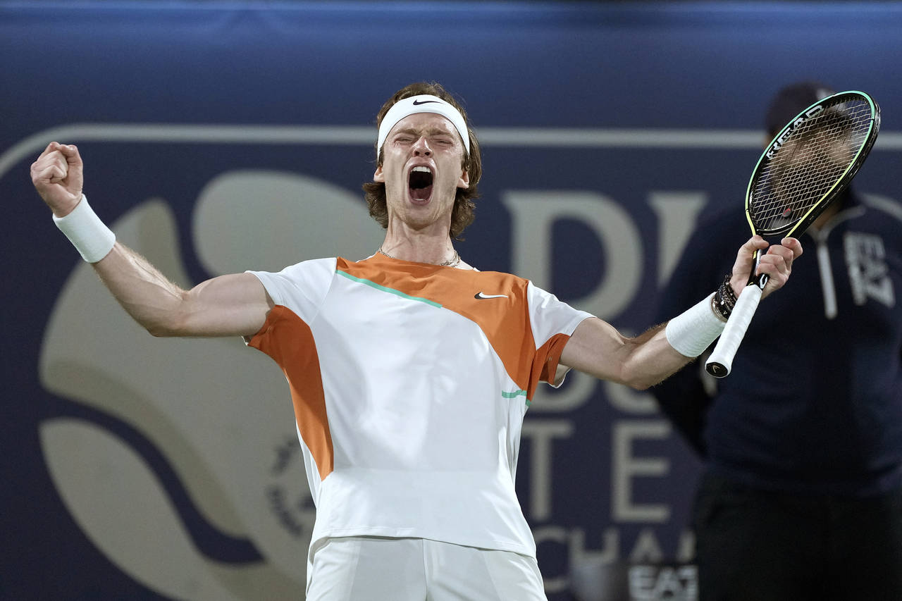 Russia's Andrey Rublev celebrates after defeating Poland's Hubert Hurkacz during a semifinal match ...