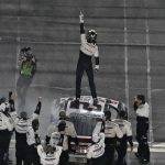 
              Austin Cindric celebrates on top of his car after winning the NASCAR Daytona 500 auto race Sunday, Feb. 20, 2022, at Daytona International Speedway in Daytona Beach, Fla. (AP Photo/Chris O'Meara)
            