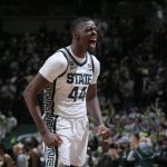 
              Michigan State's Gabe Brown celebrates following an NCAA college basketball game against Purdue, Saturday, Feb. 26, 2022, in East Lansing, Mich. Michigan State won 68-65. (AP Photo/Al Goldis)
            