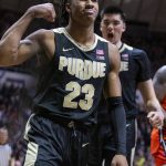 
              Purdue guard Jaden Ivey (23) reacts after being fouled while scoring during the second half of an NCAA college basketball game against Illinois, Tuesday, Feb. 8, 2022, in West Lafayette, Ind. (AP Photo/Doug McSchooler)
            