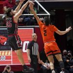 
              Utah guard Rollie Worster (25) shoots as Oregon State guard Jarod Lucas (2) defends in the first half during an NCAA college basketball game Thursday, Feb. 3, 2022, in Salt Lake City. (AP Photo/Rick Bowmer)
            